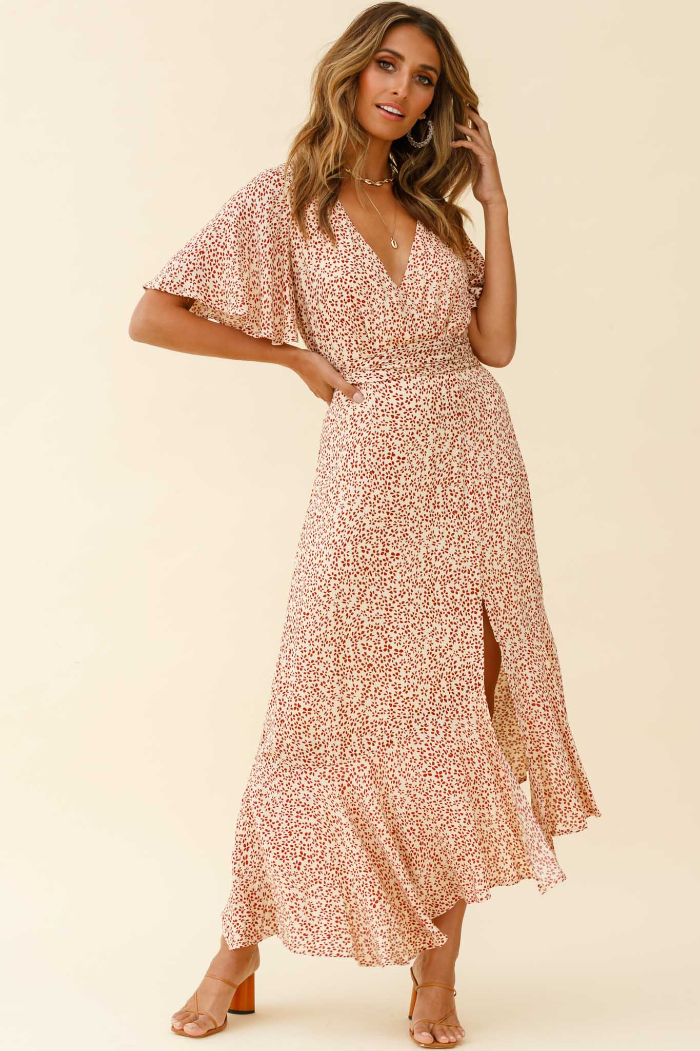 Friday Surplice Neckline Front Split Maxi Dress Floral Print Beige-Maymioy