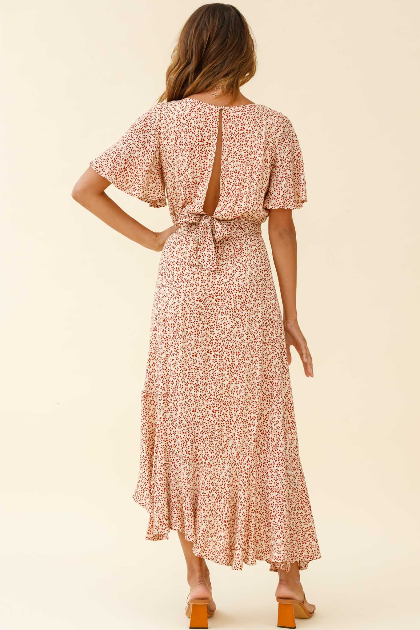 Friday Surplice Neckline Front Split Maxi Dress Floral Print Beige-Maymioy