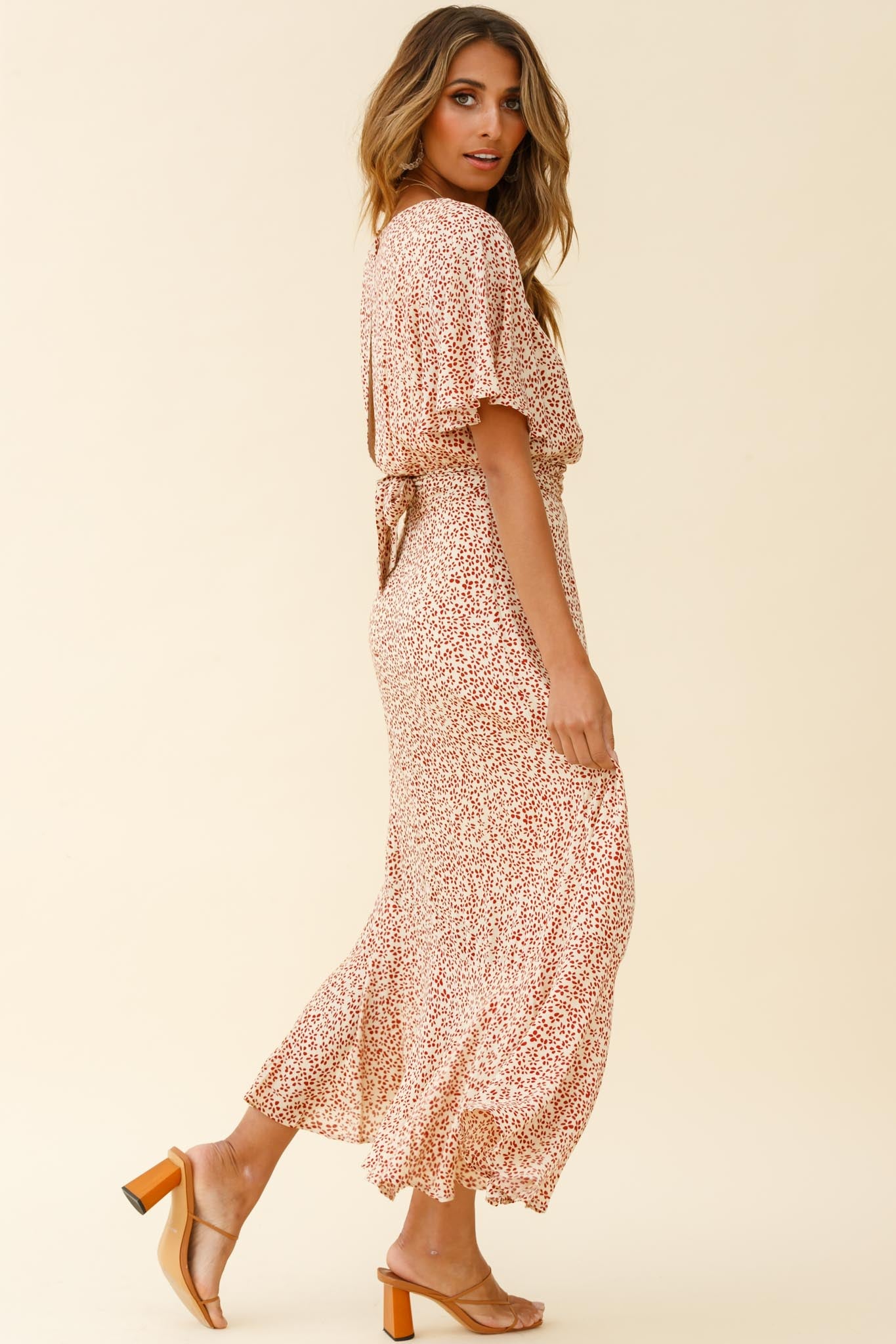 Friday Surplice Neckline Front Split Maxi Dress Floral Print Beige-Maymioy