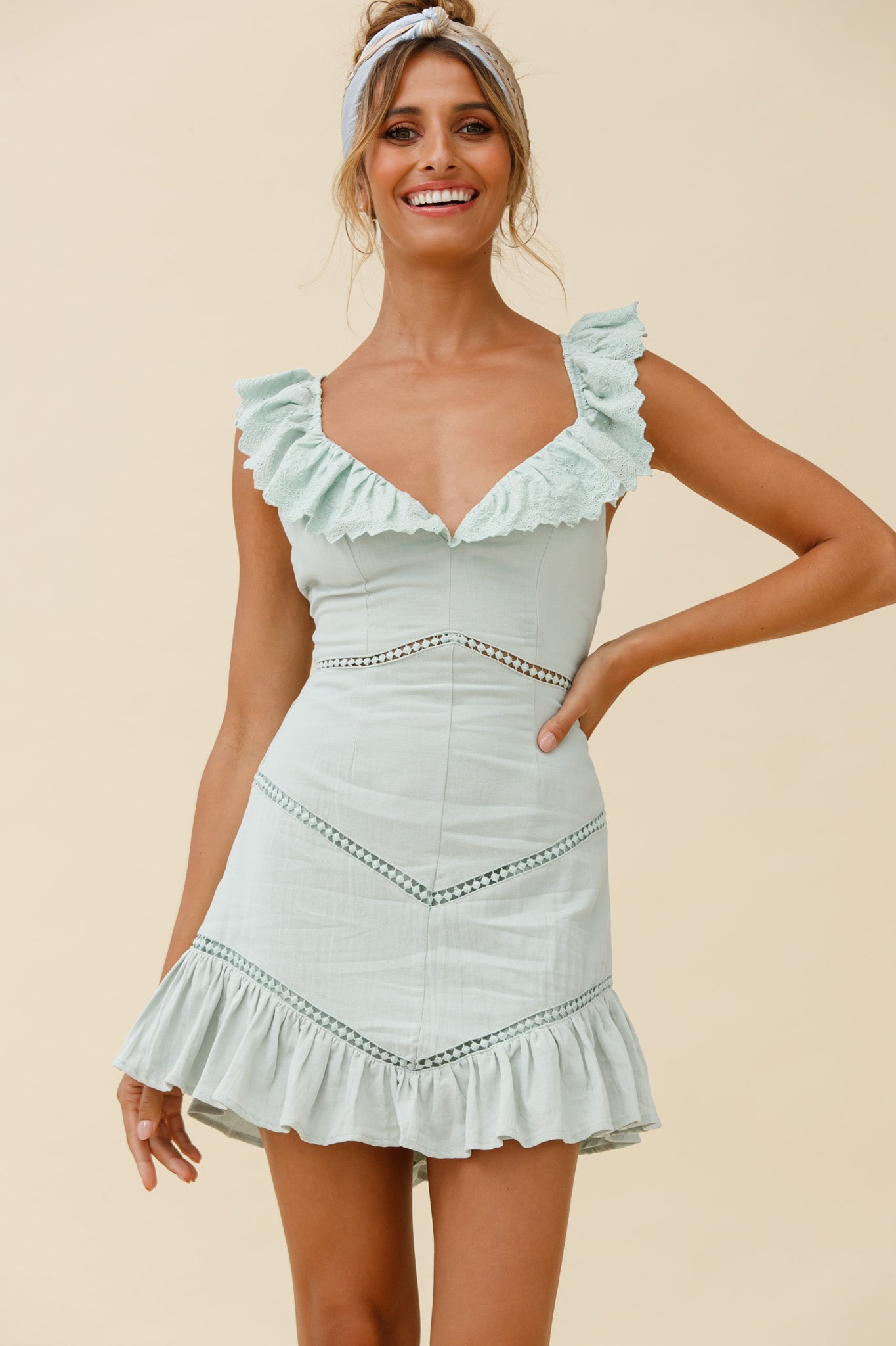 Katerina Frill Trim Tied Back Dress Pistachio-Maymioy