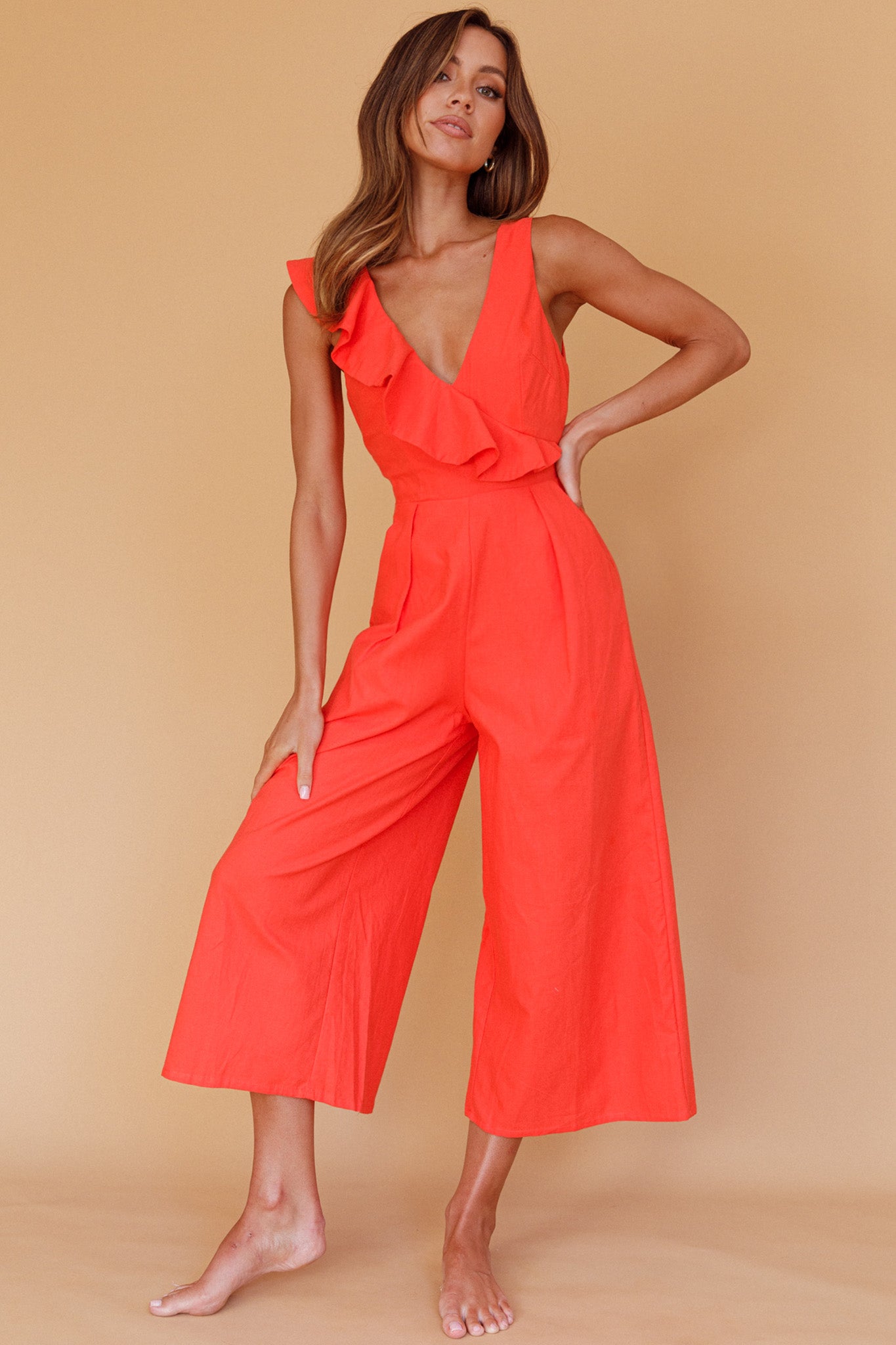 Cheryl Ruffle Strap Wide Leg Jumpsuit Tangerine-Maymioy