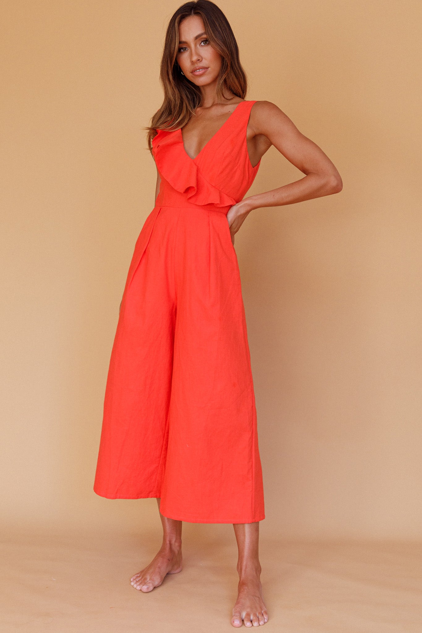 Cheryl Ruffle Strap Wide Leg Jumpsuit Tangerine-Maymioy