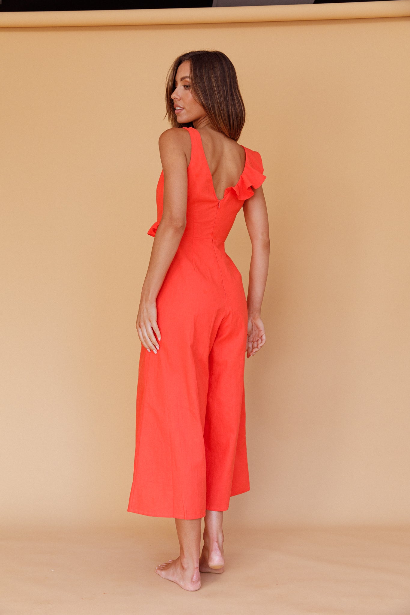 Cheryl Ruffle Strap Wide Leg Jumpsuit Tangerine-Maymioy