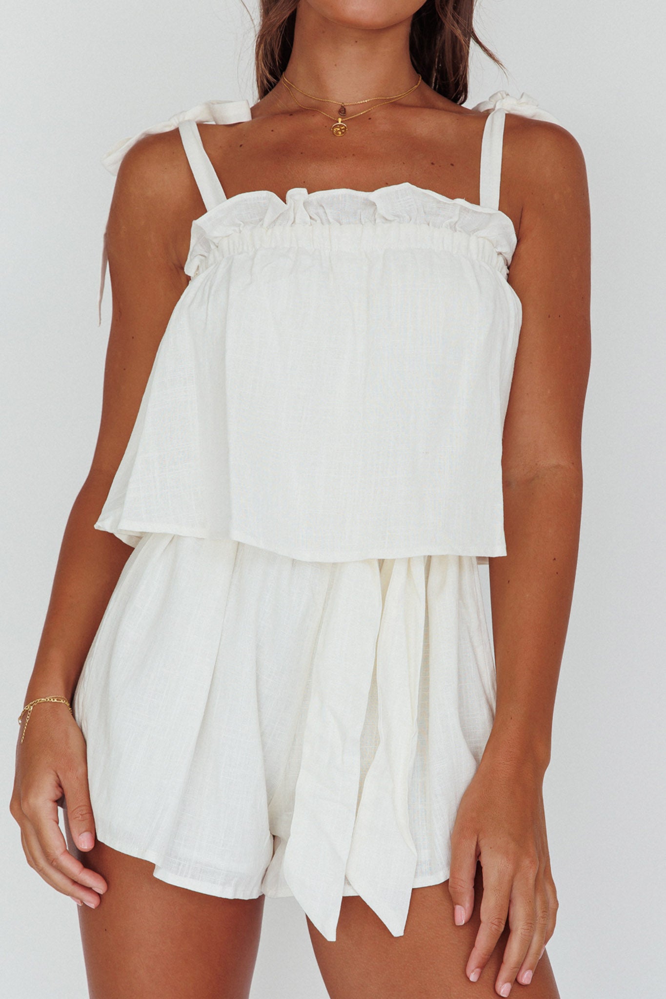 Minnow Tied Shoulder Romper White-Maymioy