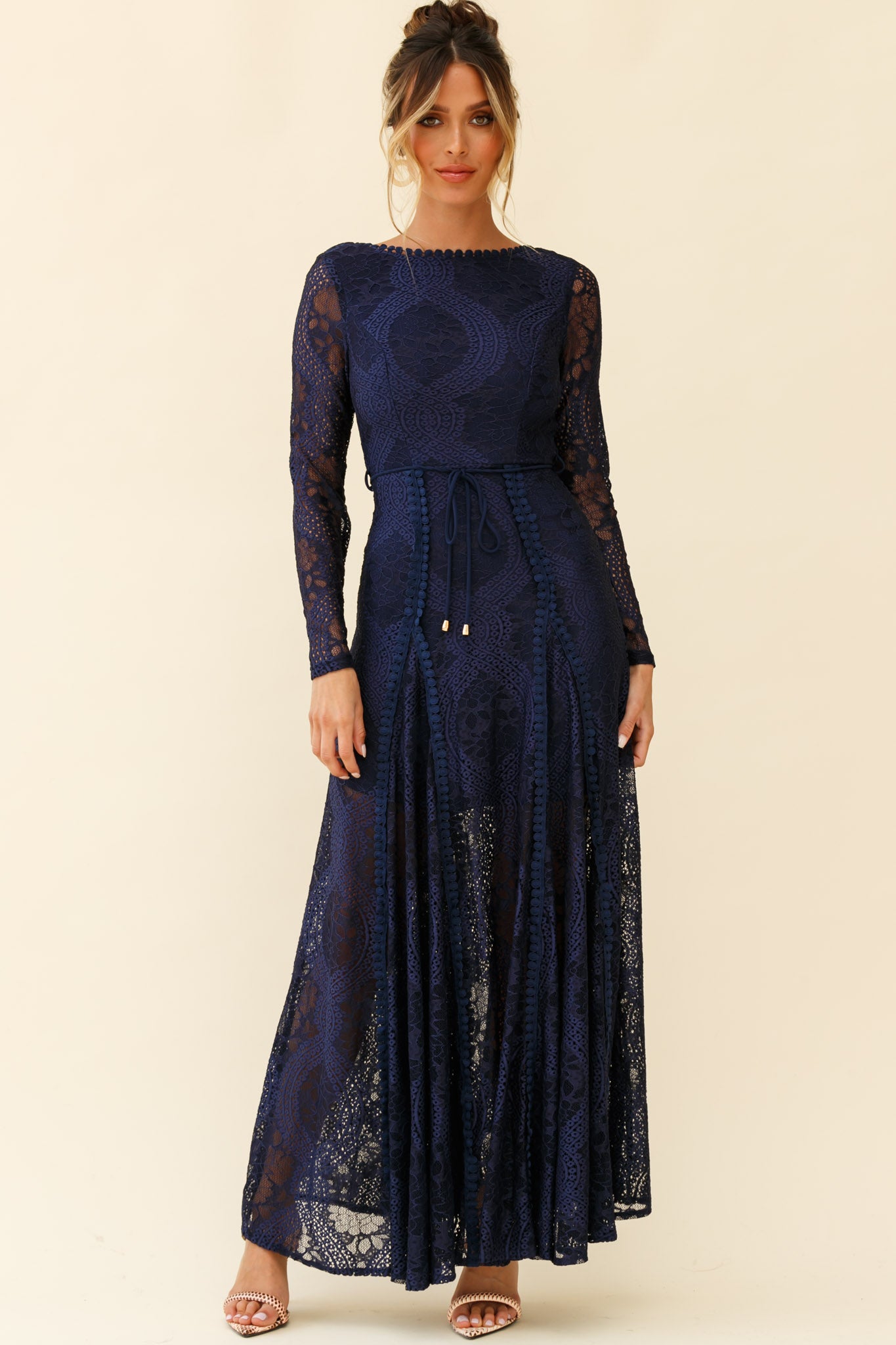 Palm Springs Long Sleeve Lace Overlay Maxi Dress Navy-Maymioy