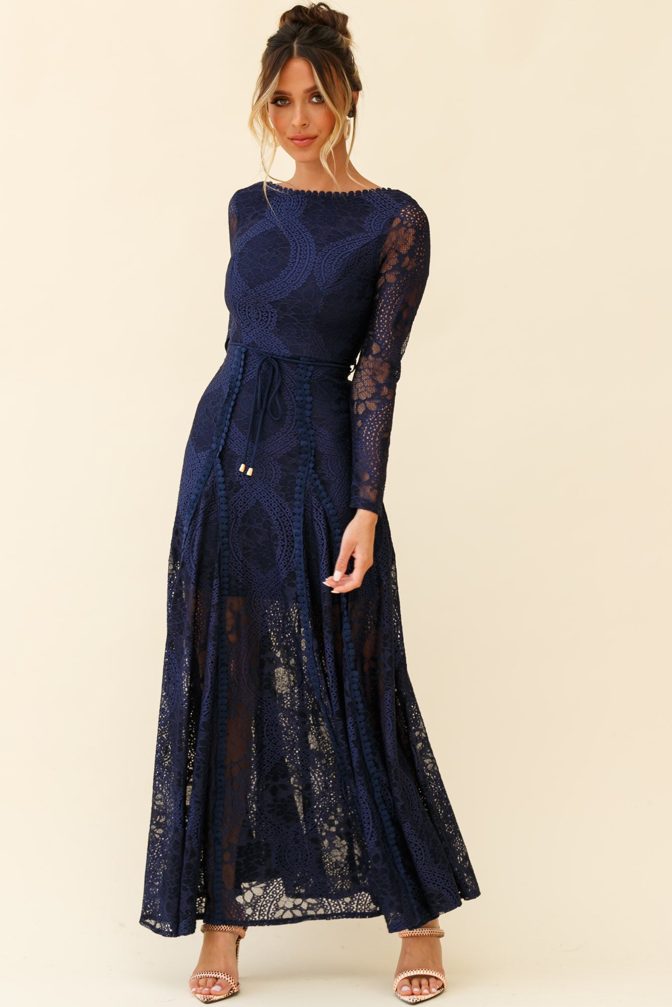 Palm Springs Long Sleeve Lace Overlay Maxi Dress Navy-Maymioy