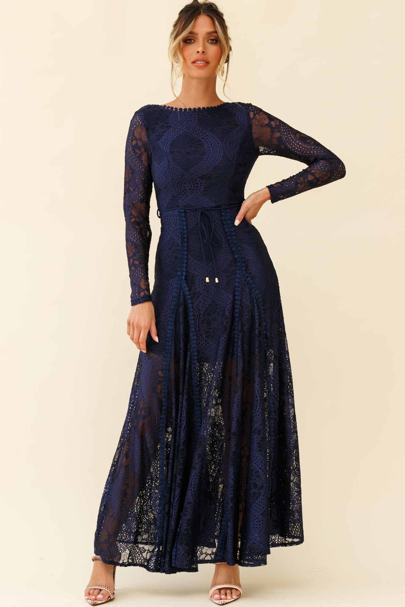 Palm Springs Long Sleeve Lace Overlay Maxi Dress Navy-Maymioy