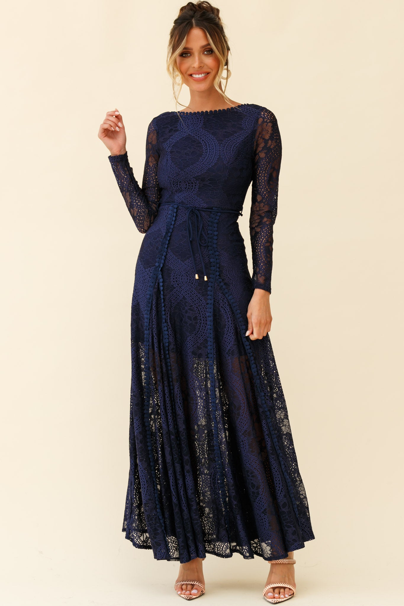 Palm Springs Long Sleeve Lace Overlay Maxi Dress Navy-Maymioy