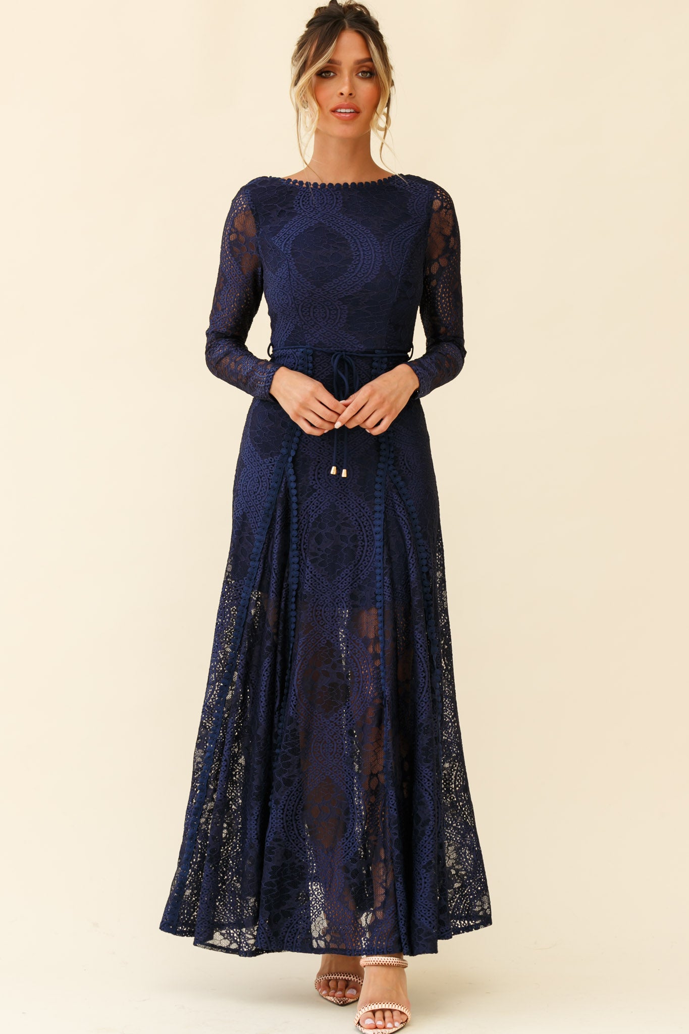 Palm Springs Long Sleeve Lace Overlay Maxi Dress Navy-Maymioy