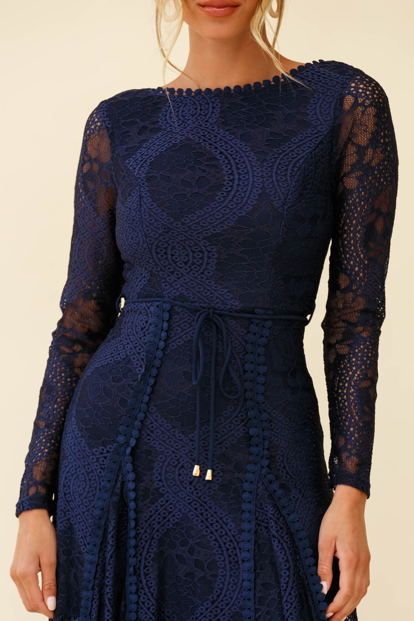 Palm Springs Long Sleeve Lace Overlay Maxi Dress Navy-Maymioy