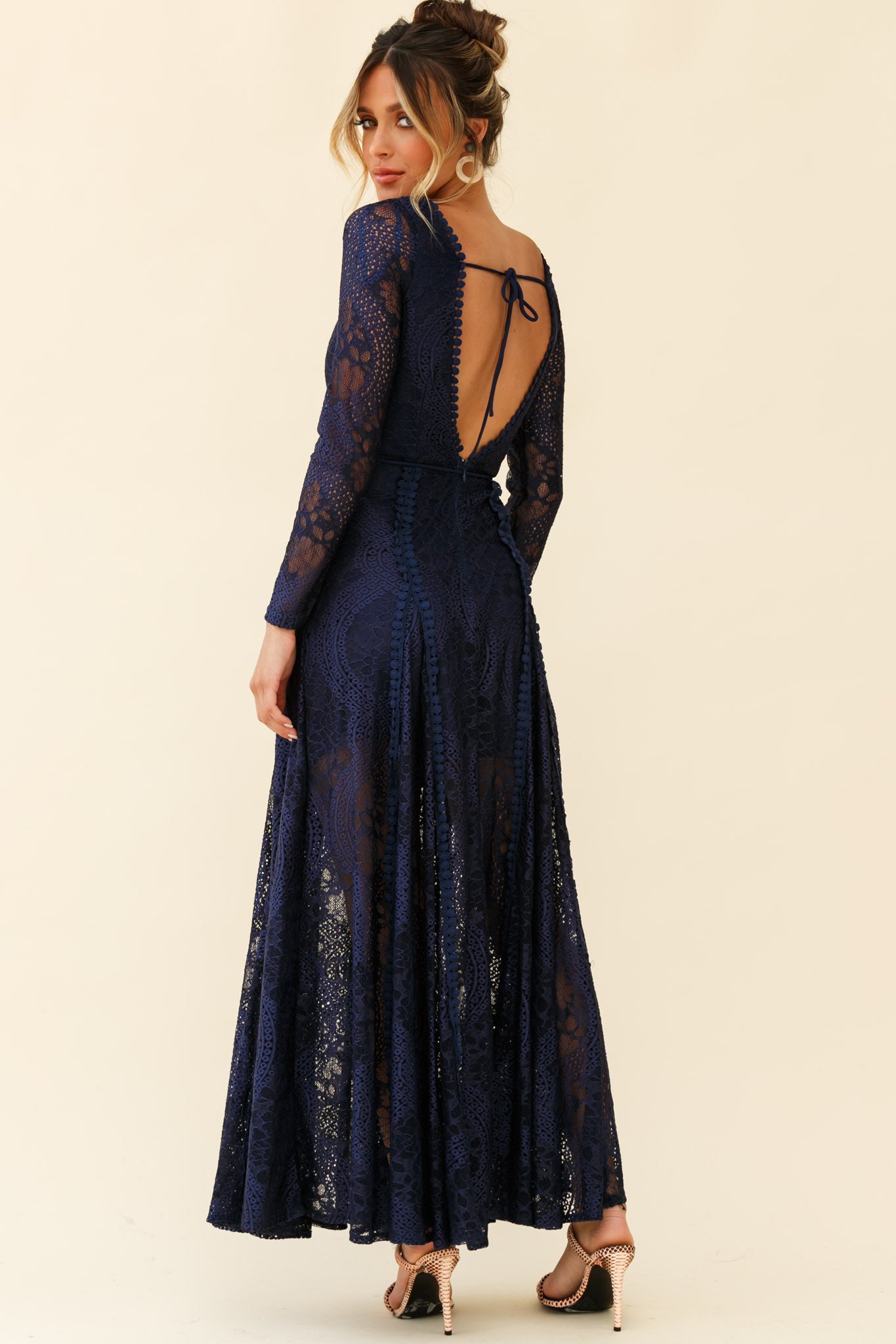 Palm Springs Long Sleeve Lace Overlay Maxi Dress Navy-Maymioy
