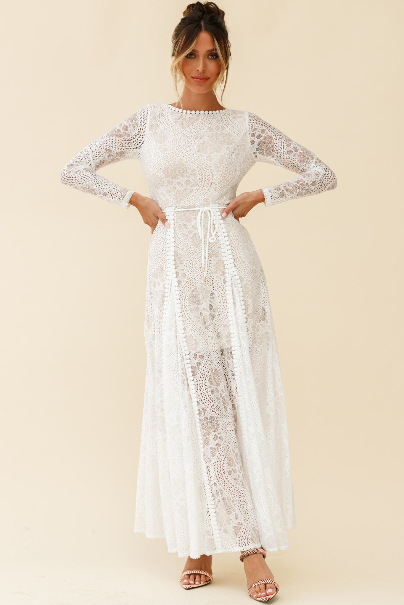 Palm Springs Long Sleeve Lace Overlay Maxi Dress White-Maymioy