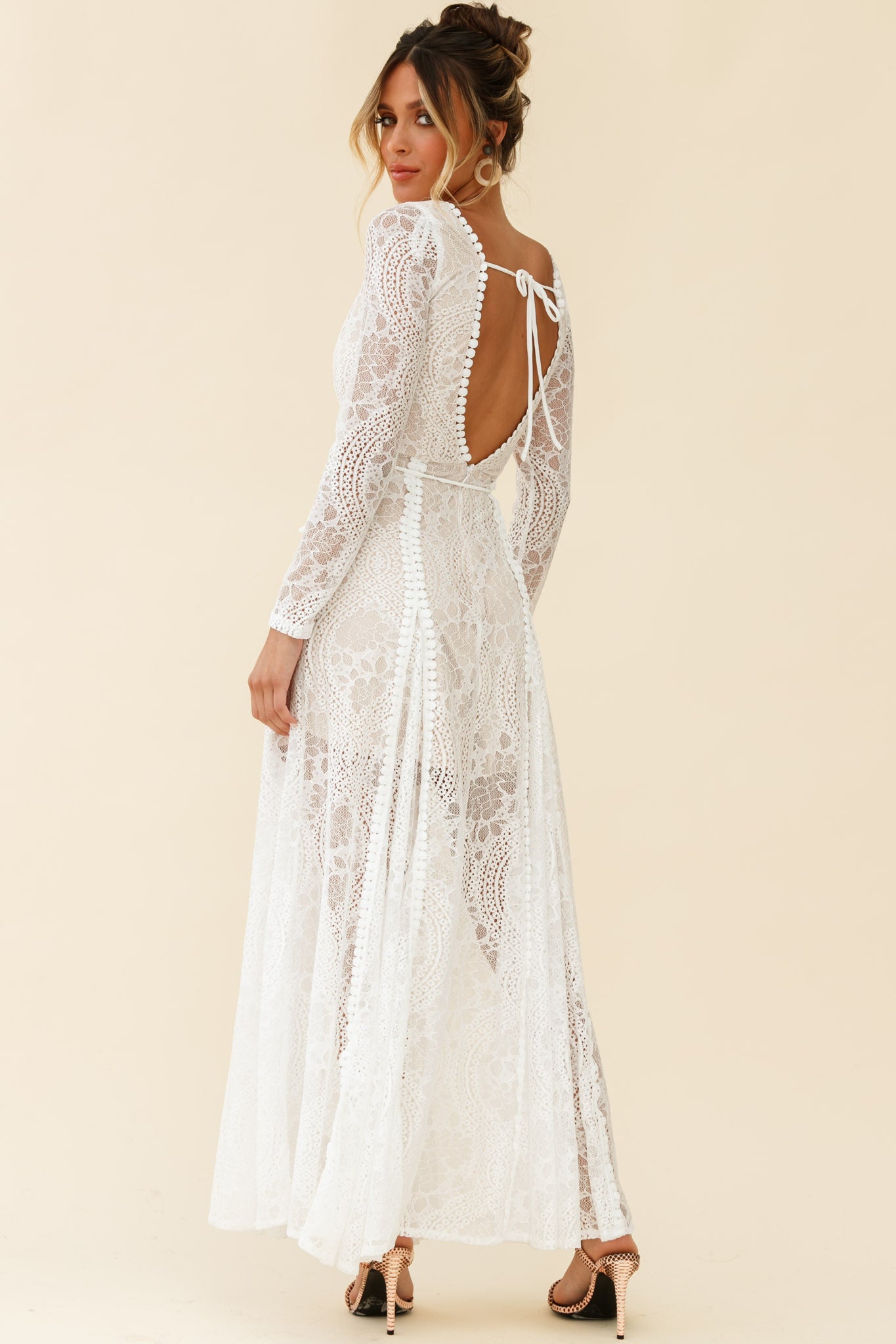 Palm Springs Long Sleeve Lace Overlay Maxi Dress White-Maymioy