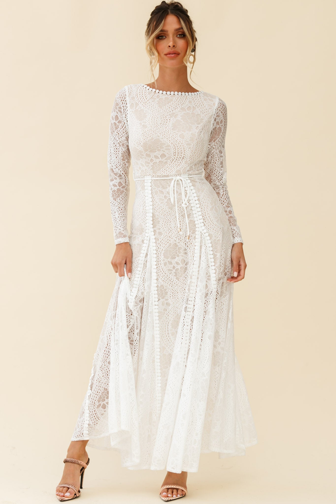 Palm Springs Long Sleeve Lace Overlay Maxi Dress White-Maymioy