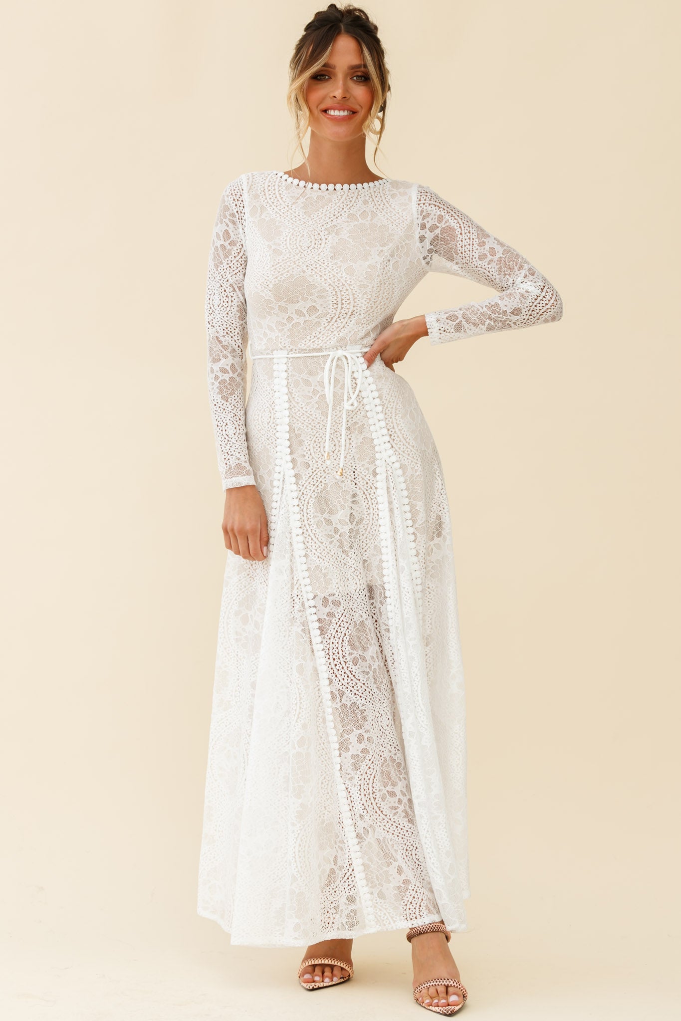 Palm Springs Long Sleeve Lace Overlay Maxi Dress White-Maymioy
