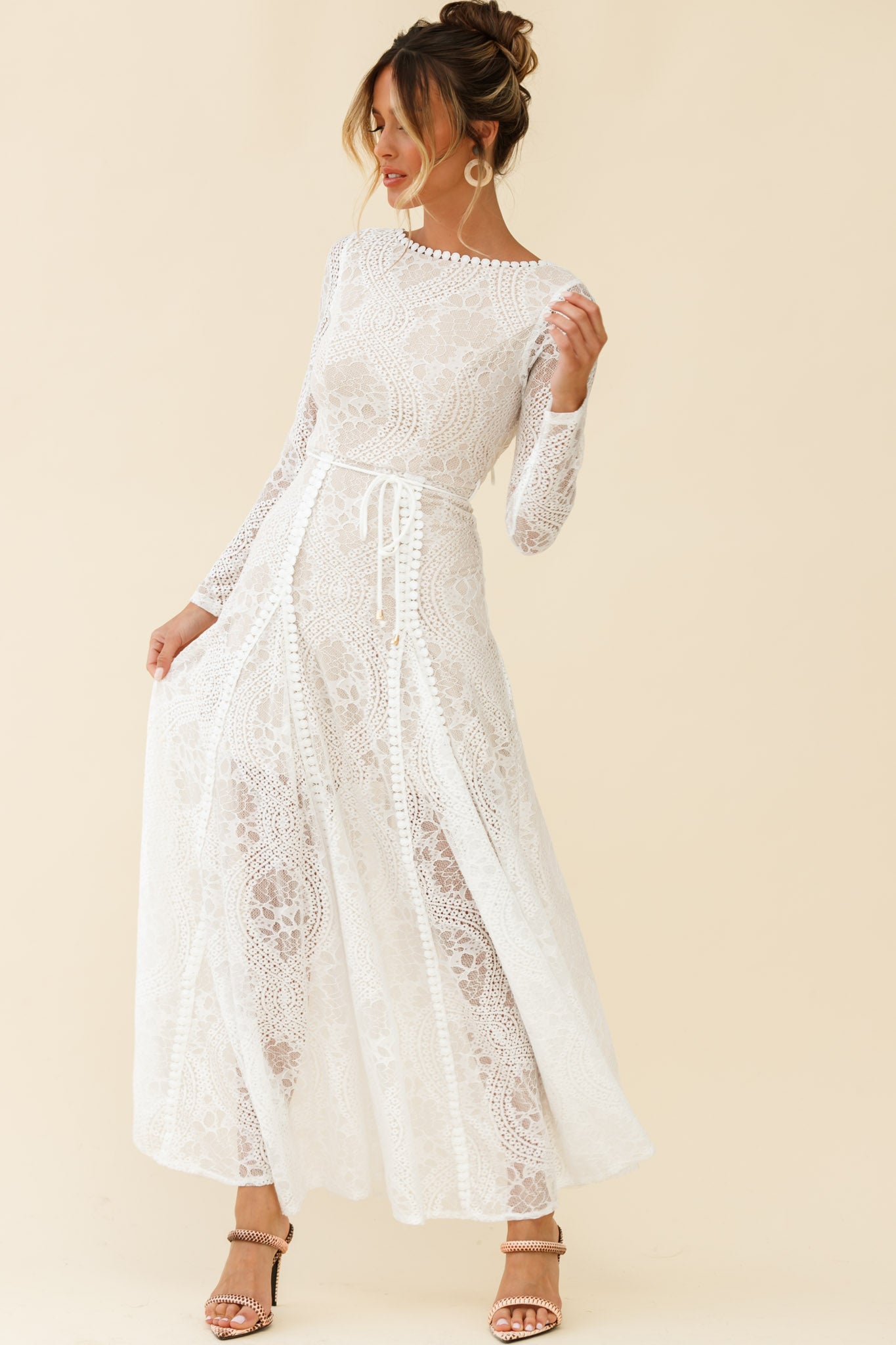 Palm Springs Long Sleeve Lace Overlay Maxi Dress White-Maymioy