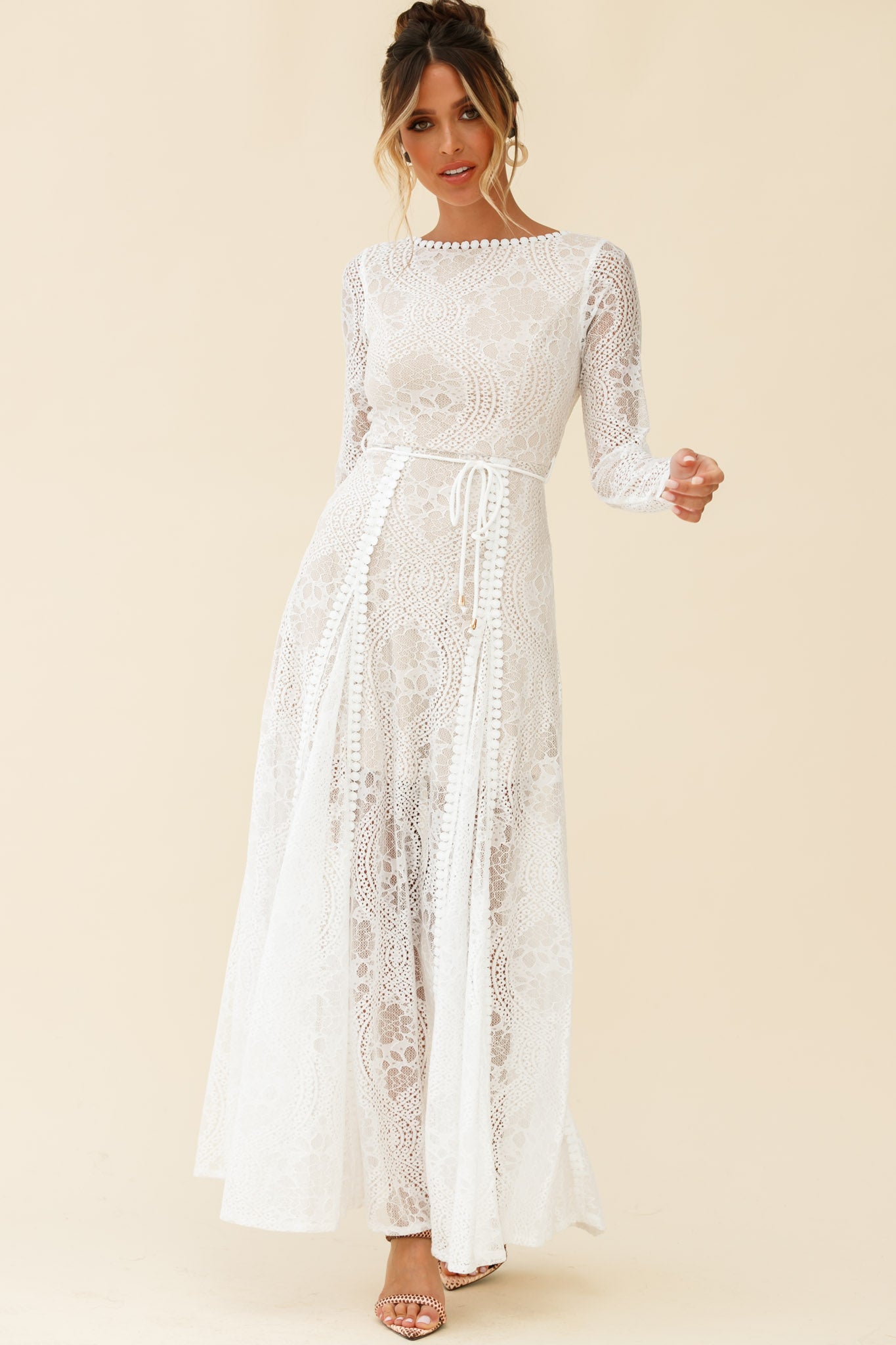 Palm Springs Long Sleeve Lace Overlay Maxi Dress White-Maymioy