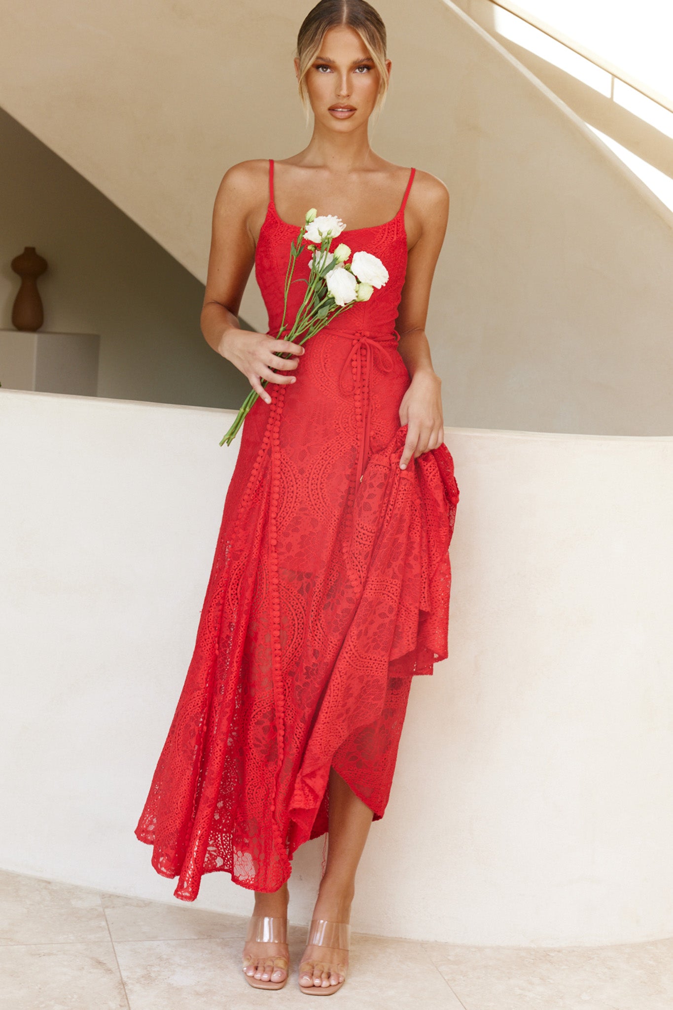 Palm Springs Lace Overlay Maxi Dress Red-Maymioy