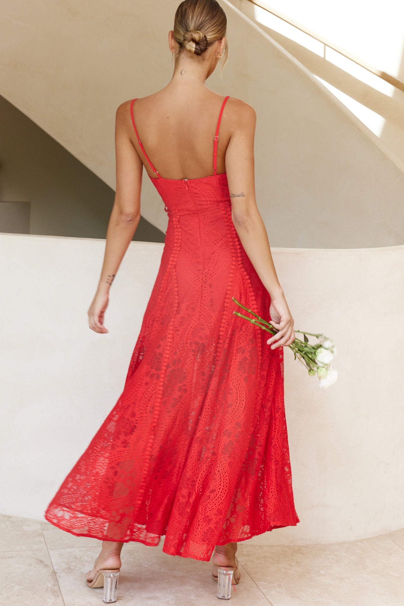 Palm Springs Lace Overlay Maxi Dress Red-Maymioy