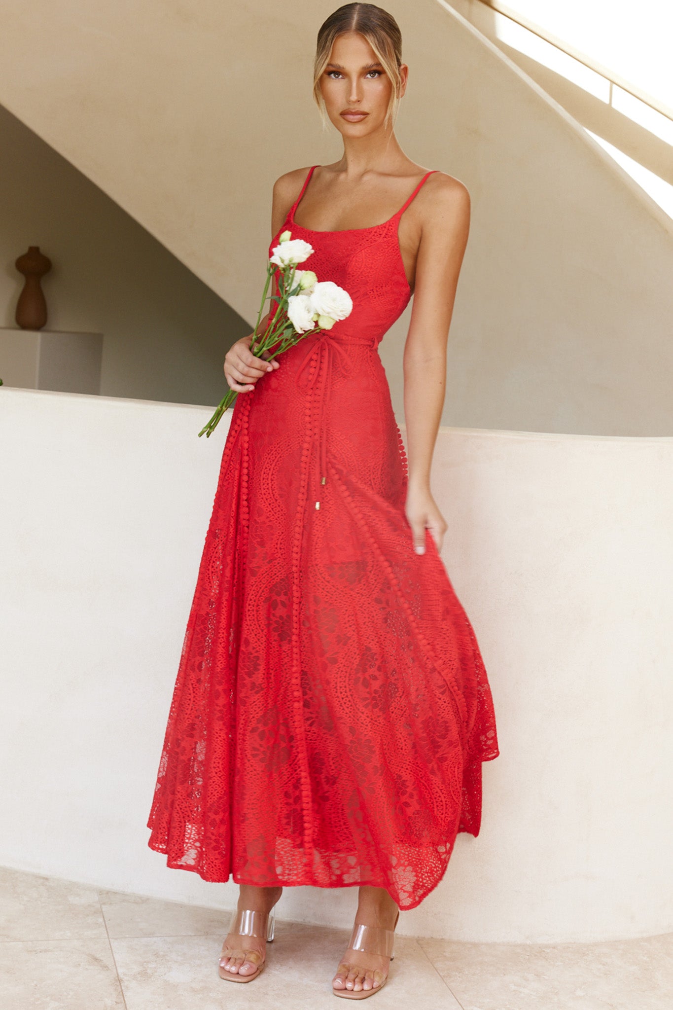 Palm Springs Lace Overlay Maxi Dress Red-Maymioy