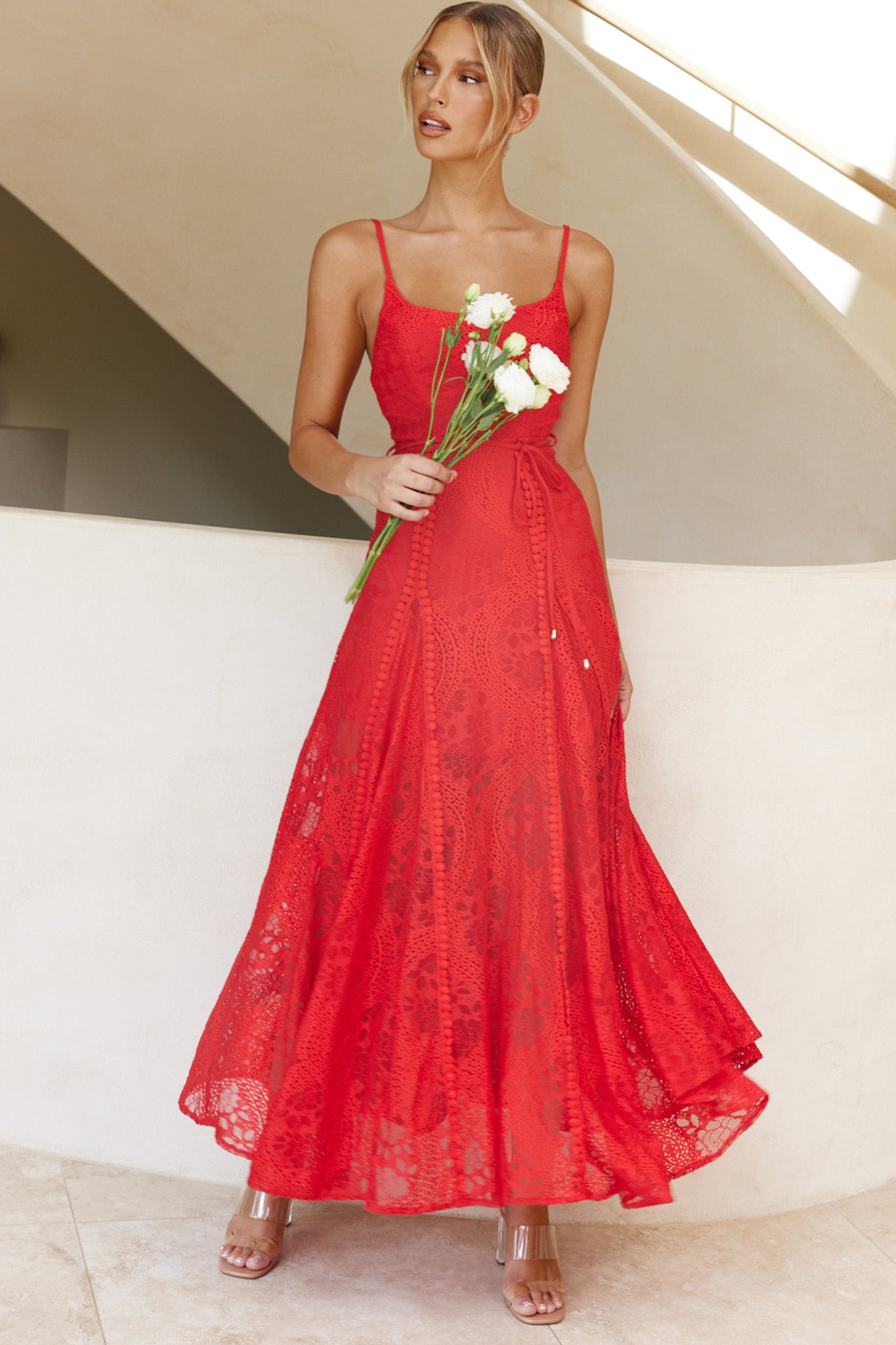 Palm Springs Lace Overlay Maxi Dress Red-Maymioy