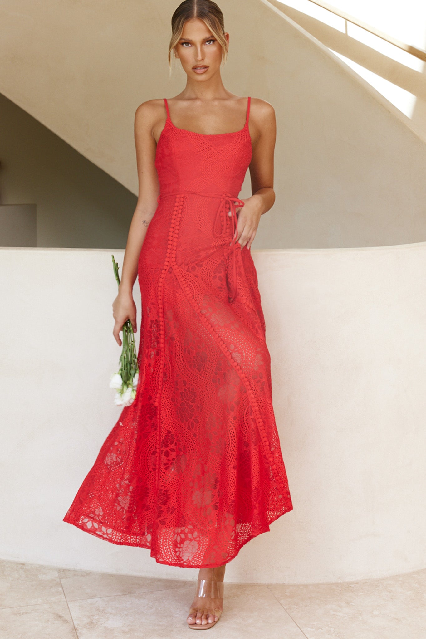 Palm Springs Lace Overlay Maxi Dress Red-Maymioy