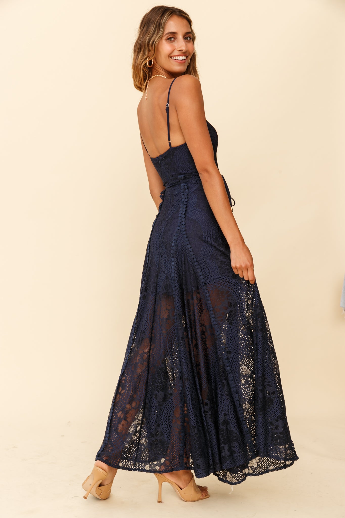 Palm Springs Lace Overlay Maxi Dress Navy-Maymioy