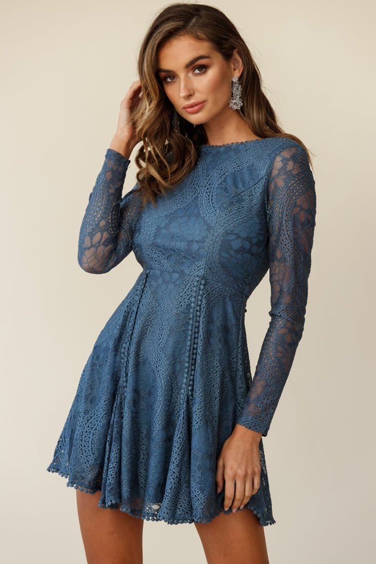Palm Springs Lace Overlay Low Back Dress Midnight Blue-Maymioy
