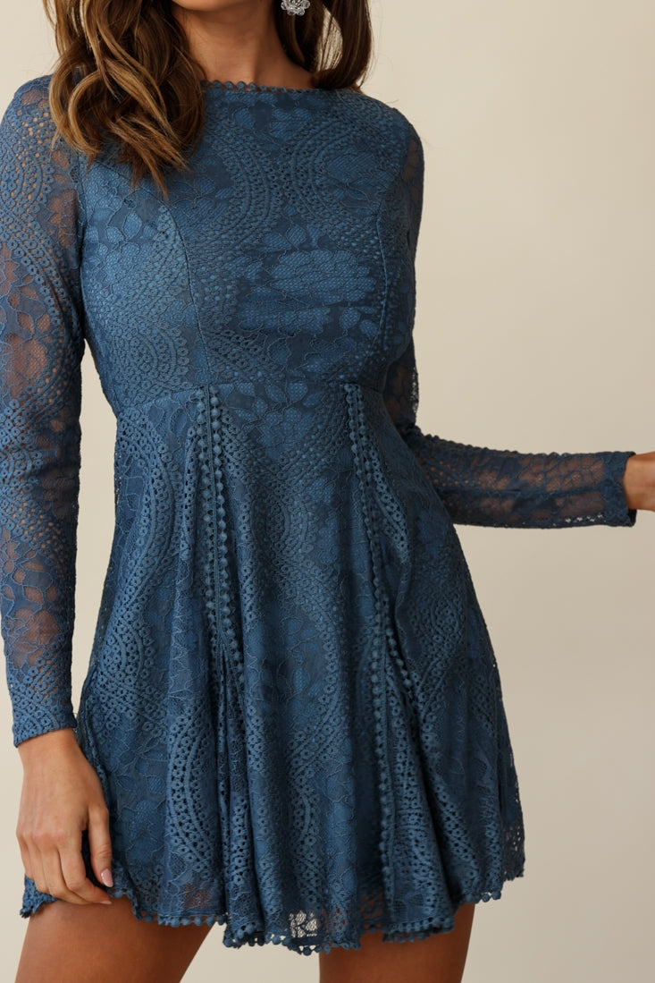 Palm Springs Lace Overlay Low Back Dress Midnight Blue-Maymioy