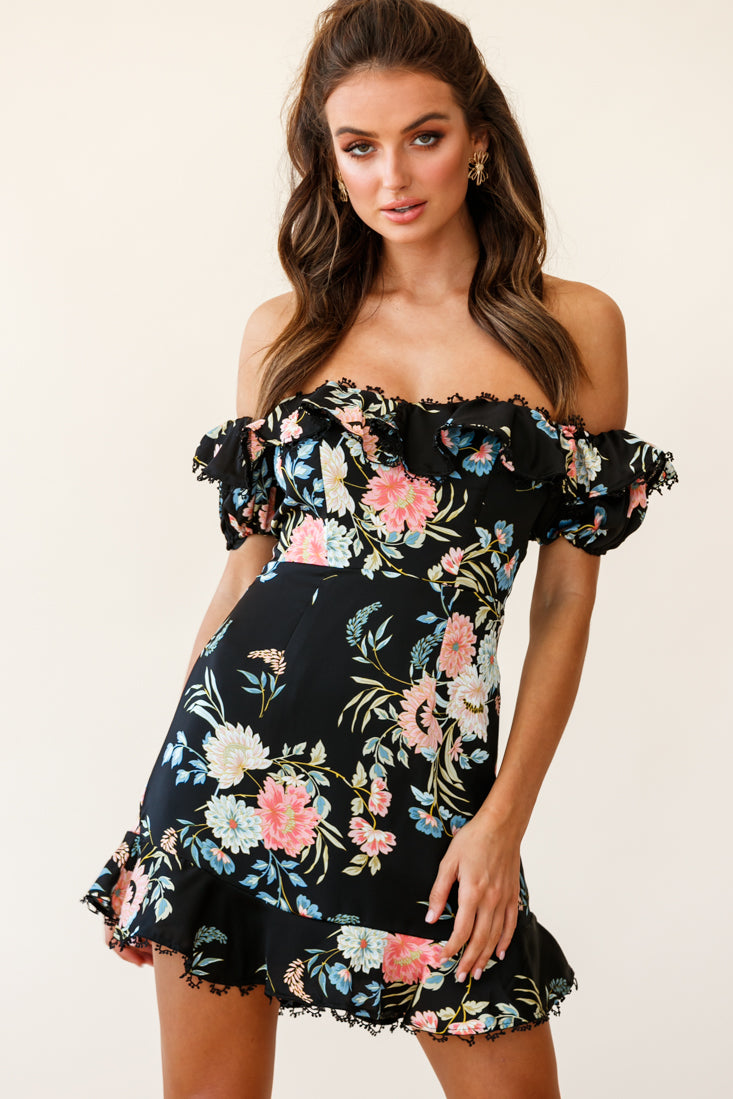 Bobby Bardot Neckline Puff Sleeve Dress Black-Maymioy