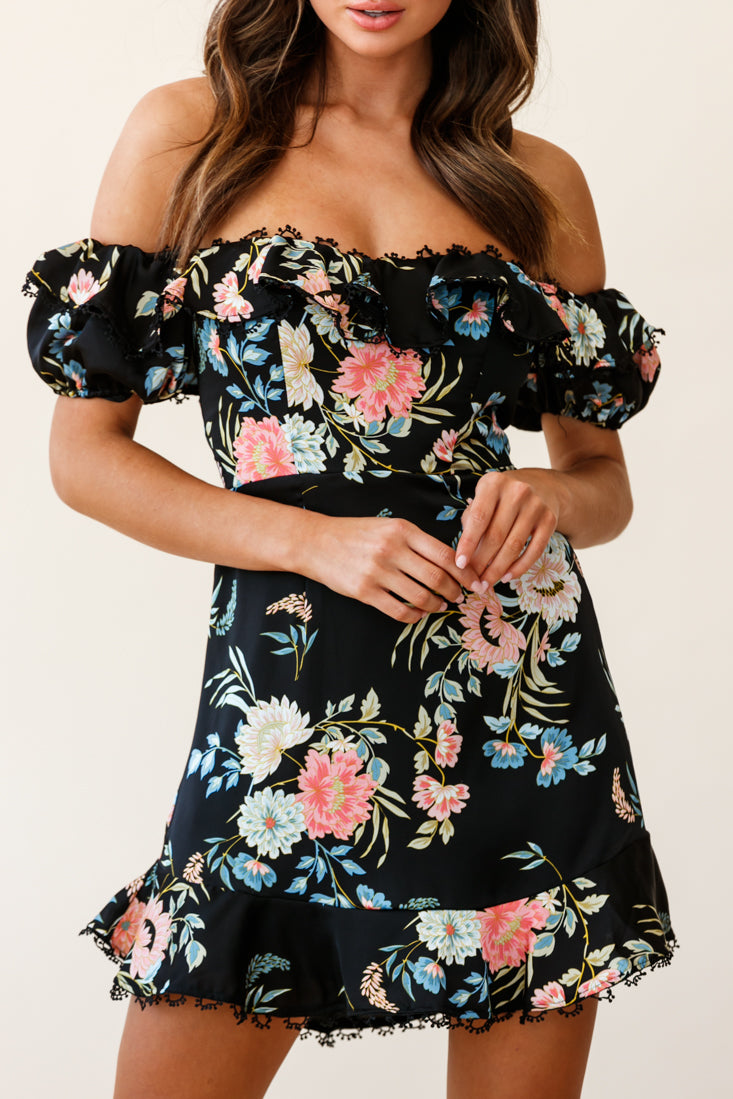 Bobby Bardot Neckline Puff Sleeve Dress Black-Maymioy
