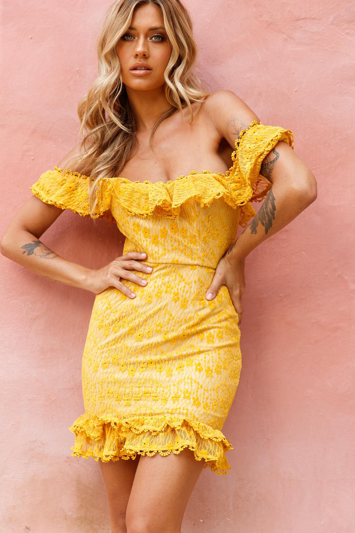 Bobby Bardot Neckline Floral Lace Overlay Dress Mustard-Maymioy