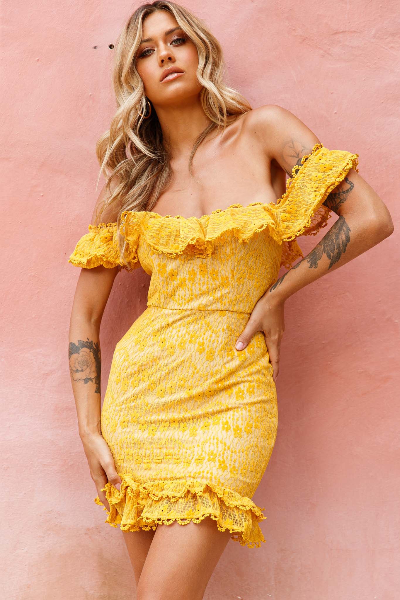 Bobby Bardot Neckline Floral Lace Overlay Dress Mustard-Maymioy