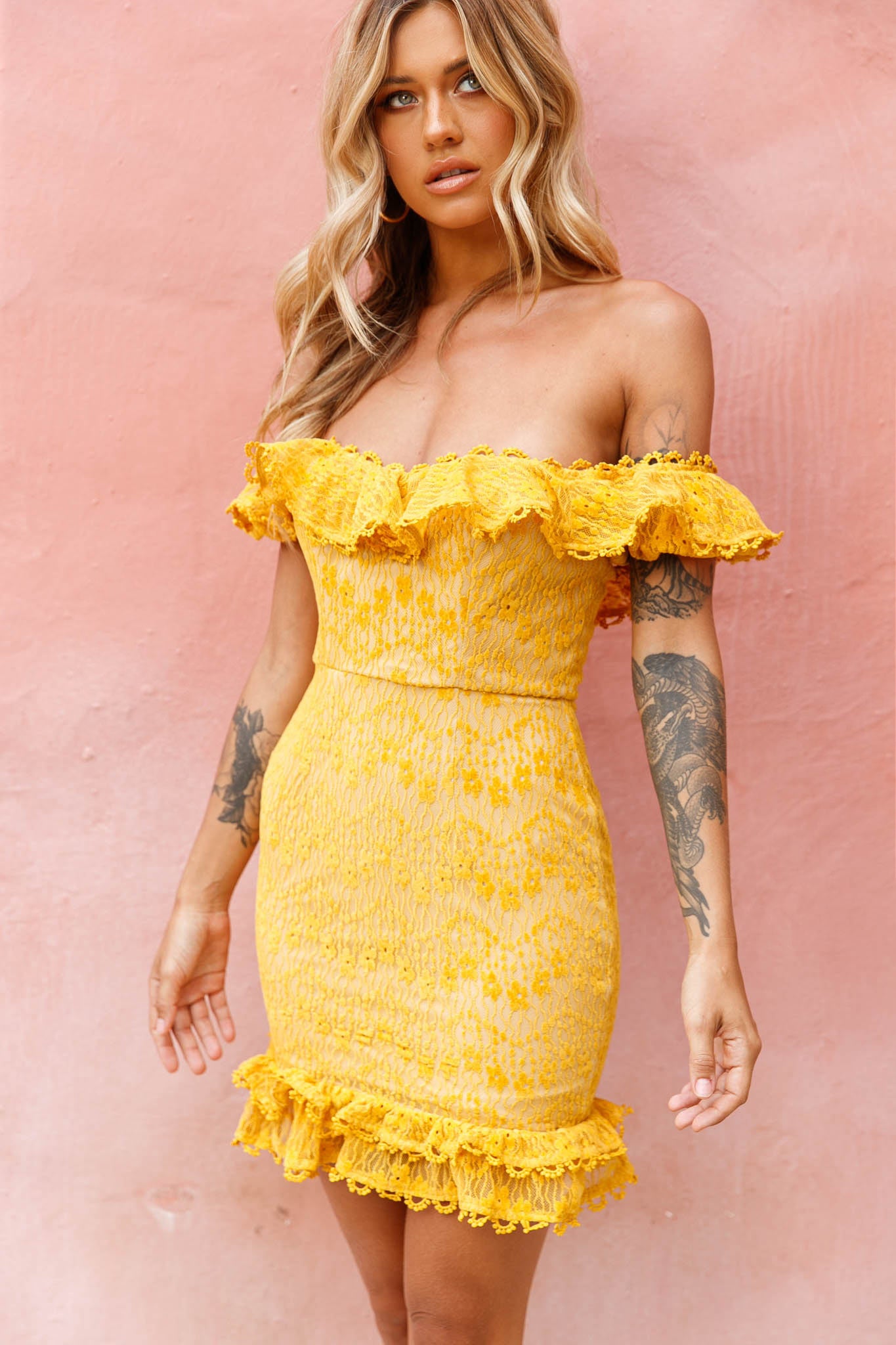 Bobby Bardot Neckline Floral Lace Overlay Dress Mustard-Maymioy