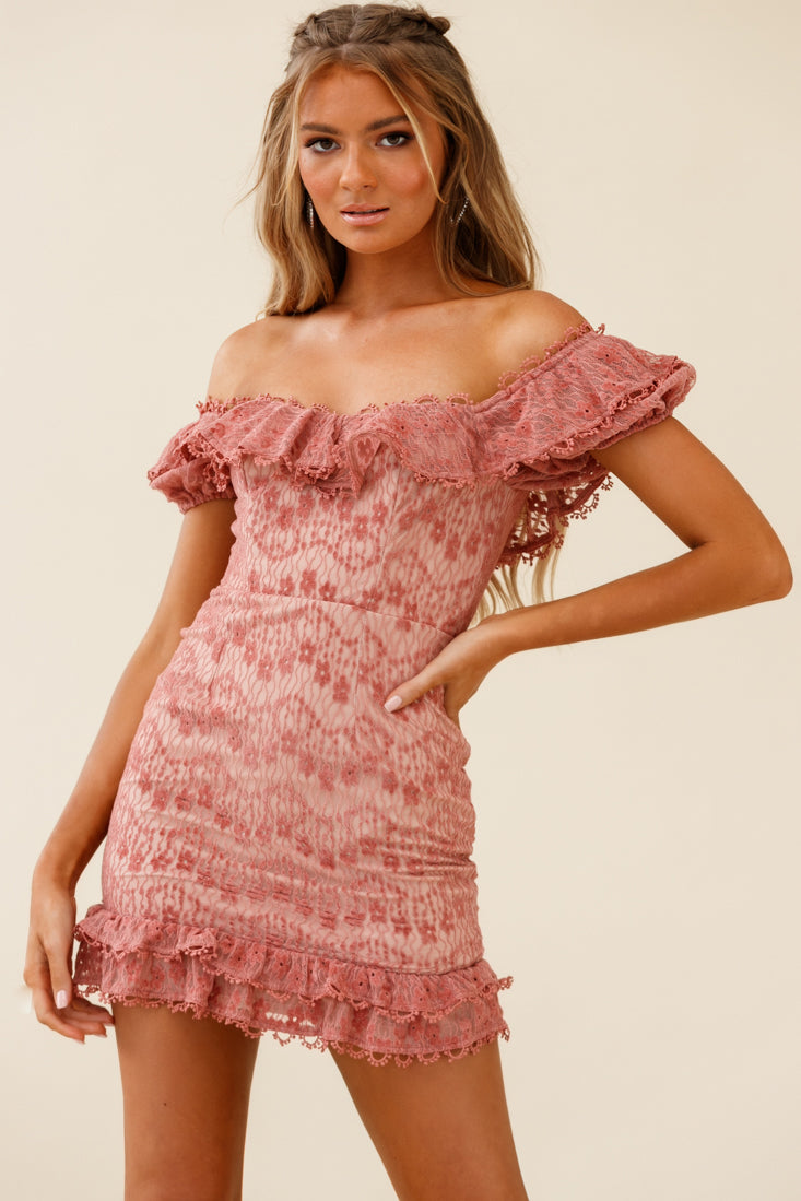 Bobby Bardot Neckline Floral Lace Overlay Dress Rose-Maymioy