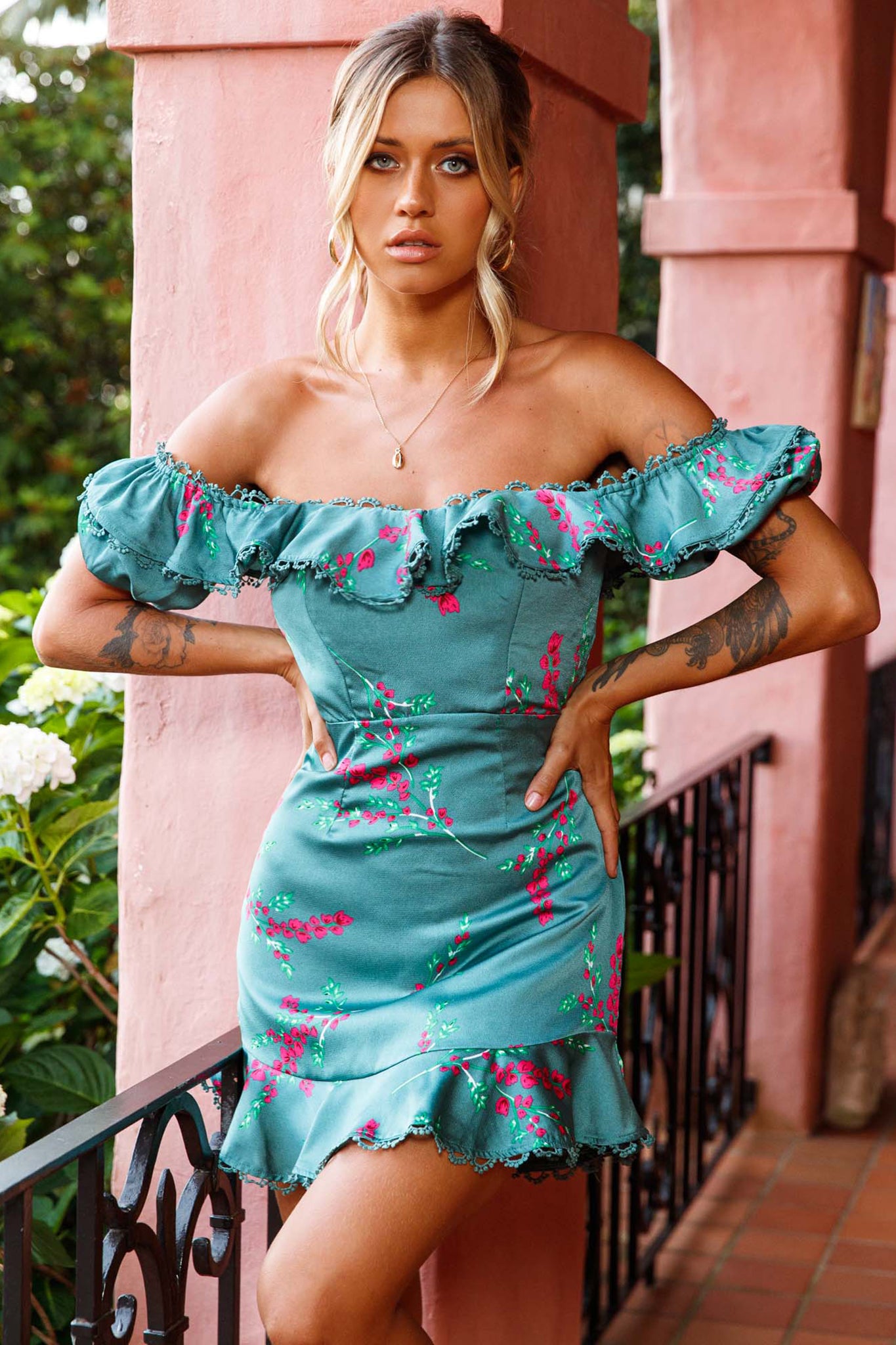 Bobby Bardot Neckline Puff Sleeve Dress Flower Spring Print Sage-Maymioy