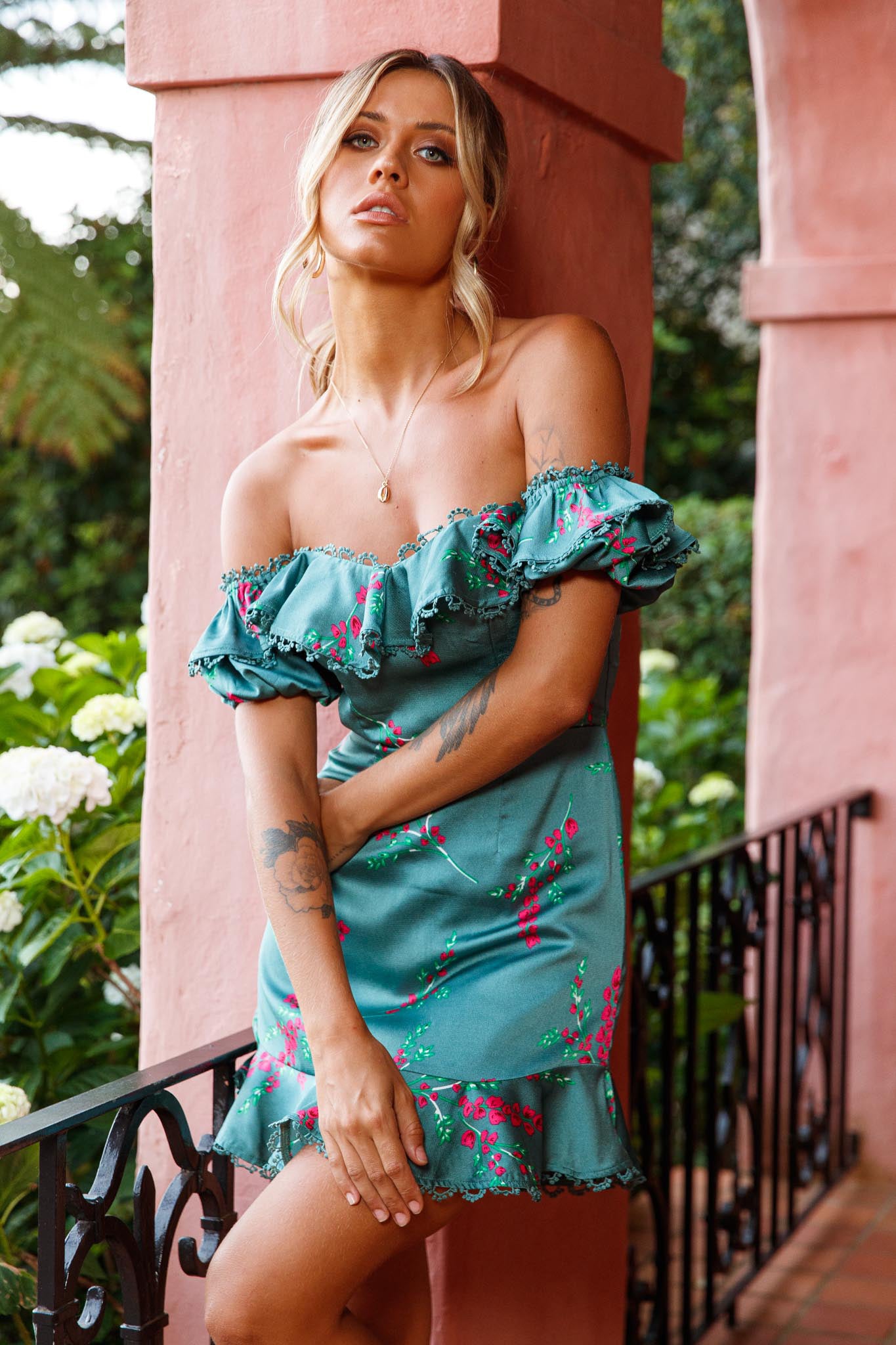 Bobby Bardot Neckline Puff Sleeve Dress Flower Spring Print Sage-Maymioy