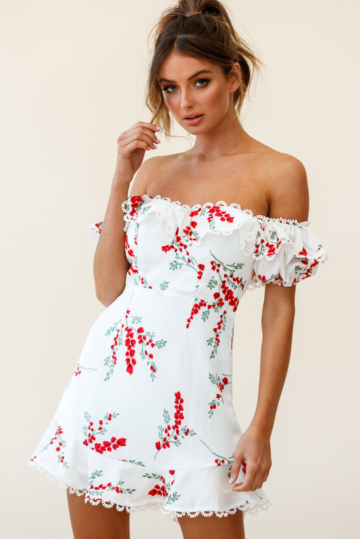 Bobby Bardot Neckline Puff Sleeve Dress Flower Spring Print White-Maymioy