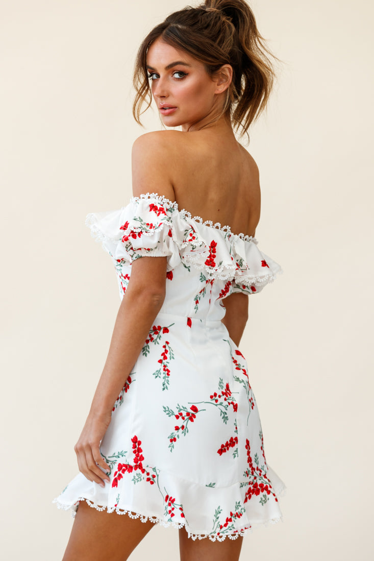 Bobby Bardot Neckline Puff Sleeve Dress Flower Spring Print White-Maymioy