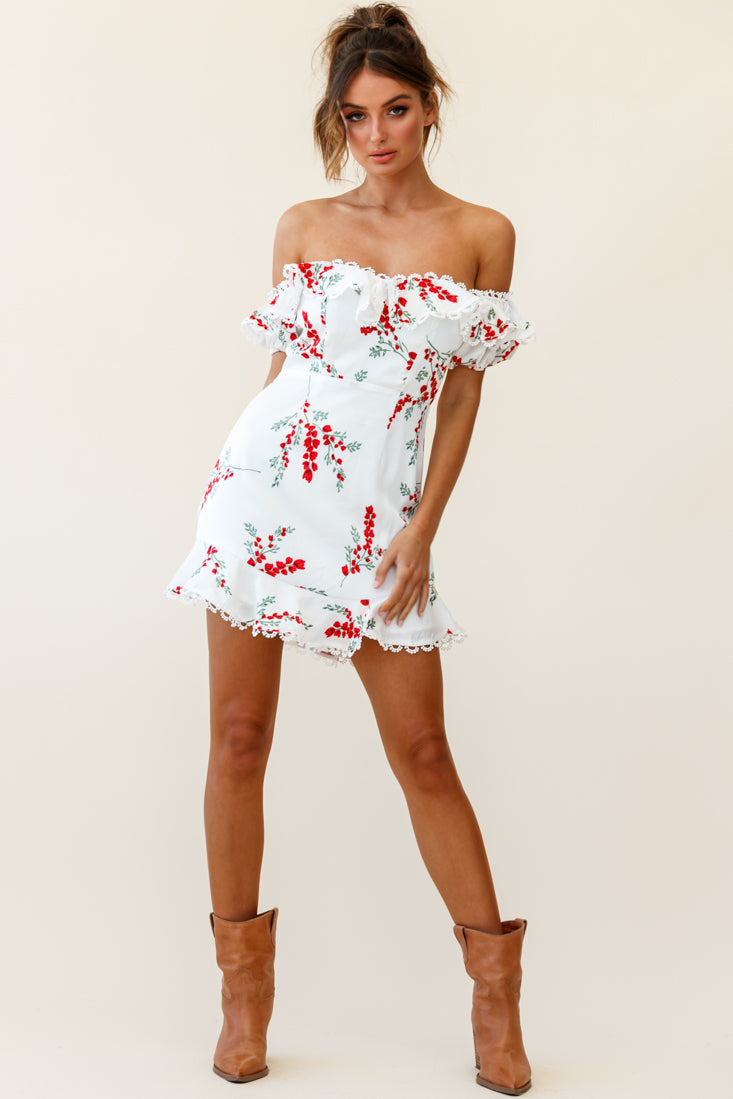 Bobby Bardot Neckline Puff Sleeve Dress Flower Spring Print White-Maymioy