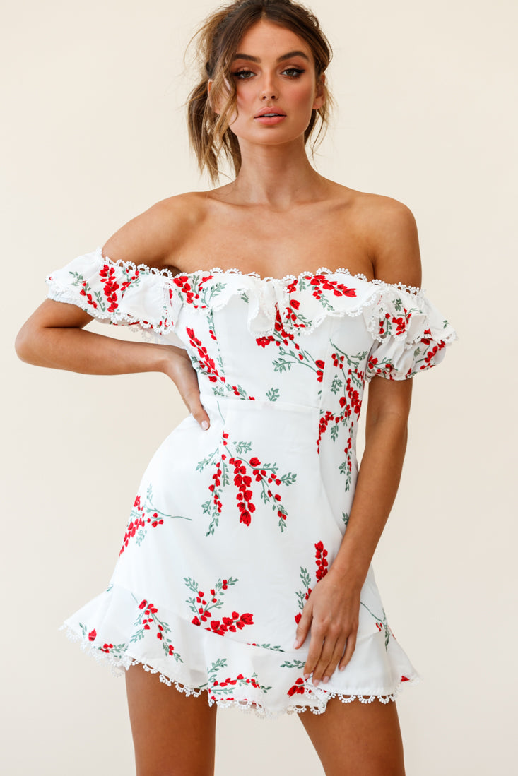 Bobby Bardot Neckline Puff Sleeve Dress Flower Spring Print White-Maymioy
