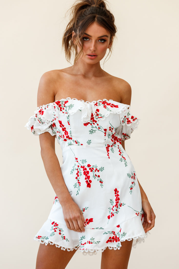 Bobby Bardot Neckline Puff Sleeve Dress Flower Spring Print White-Maymioy
