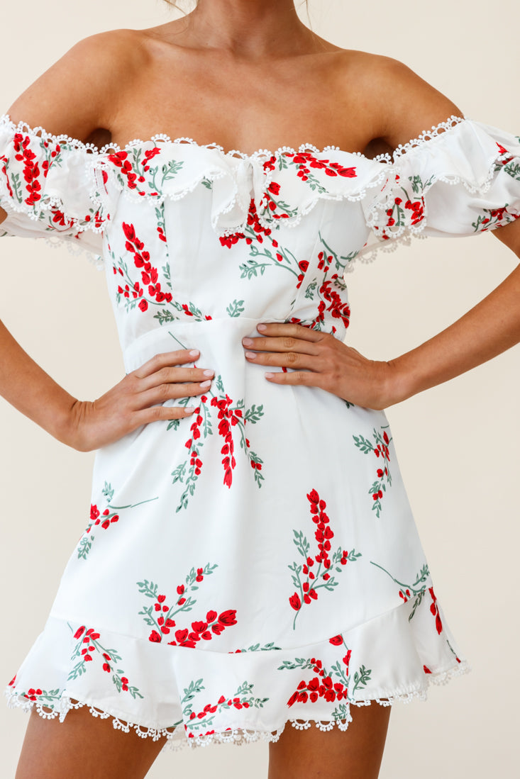 Bobby Bardot Neckline Puff Sleeve Dress Flower Spring Print White-Maymioy