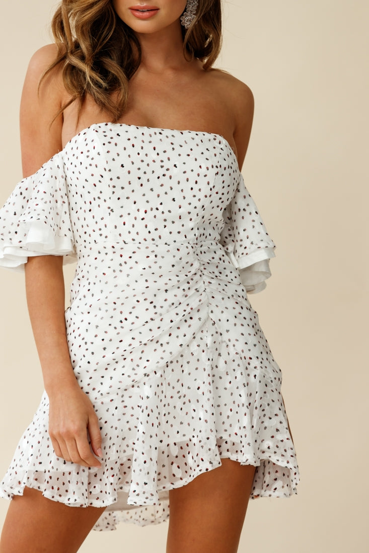 Lure Off-Shoulder Ruched Dress Speckle Print White-Maymioy