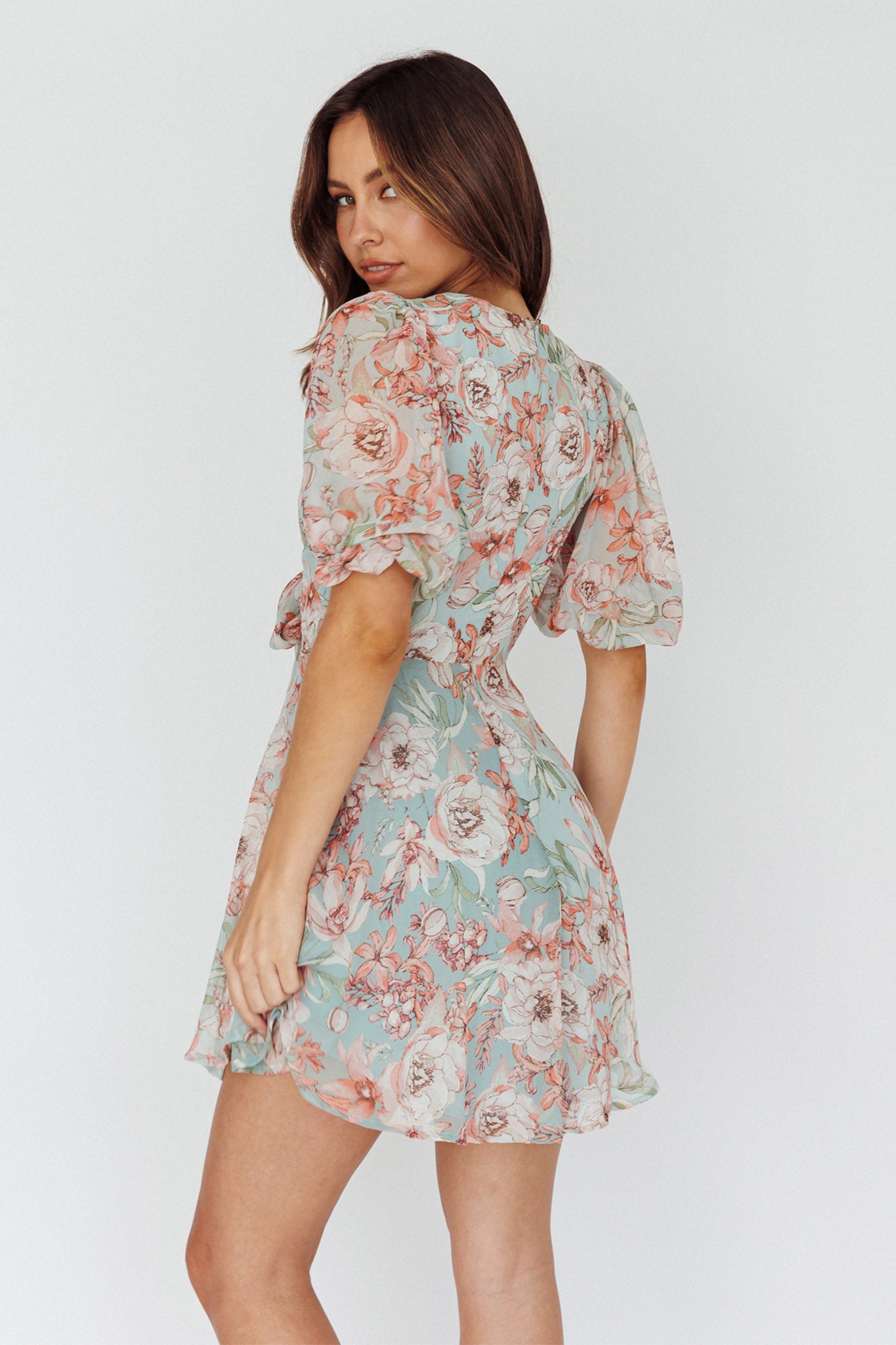 Madison Bow Tie Bust Puff Sleeve Dress Floral Mint-Maymioy