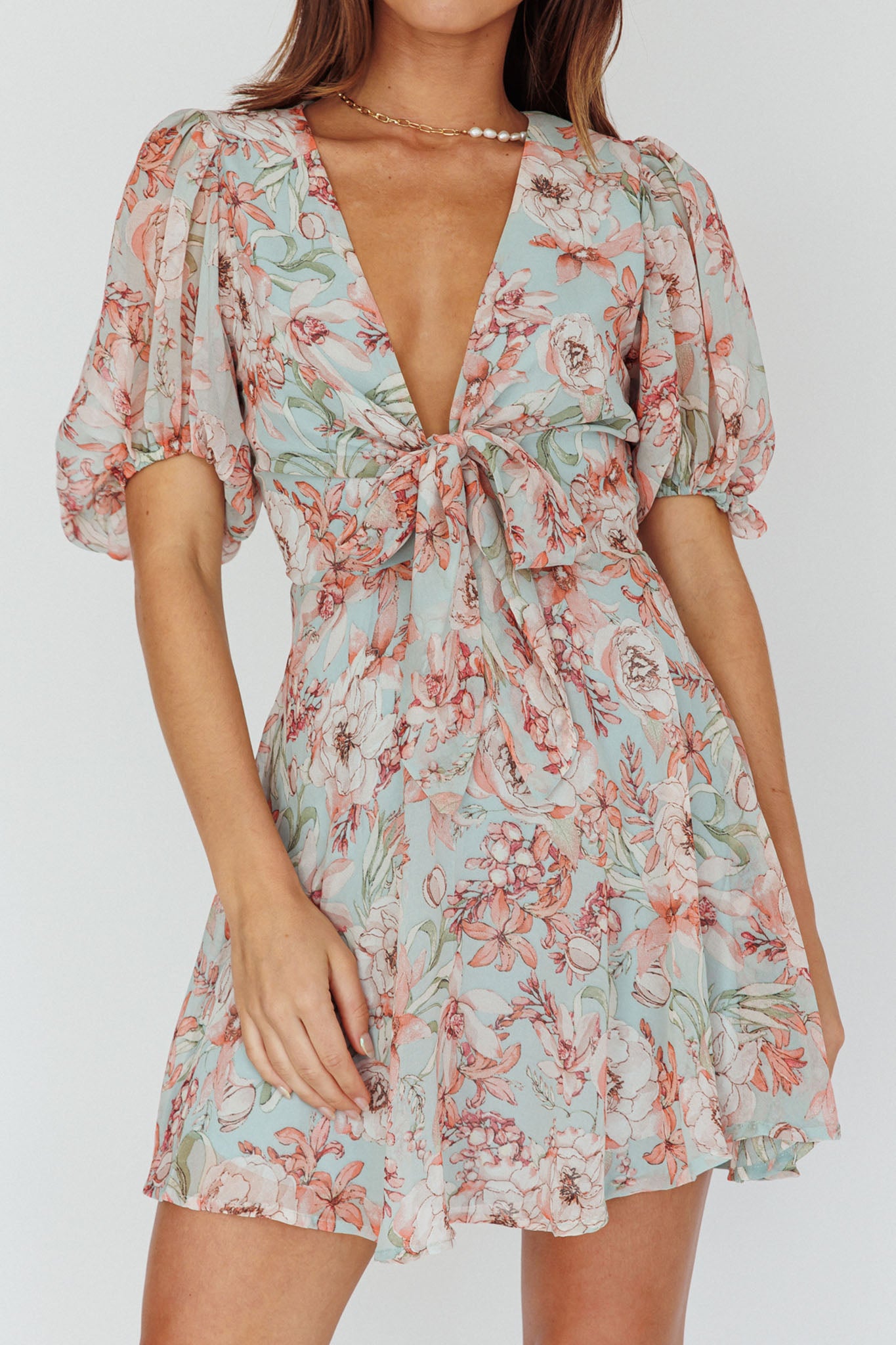 Madison Bow Tie Bust Puff Sleeve Dress Floral Mint-Maymioy