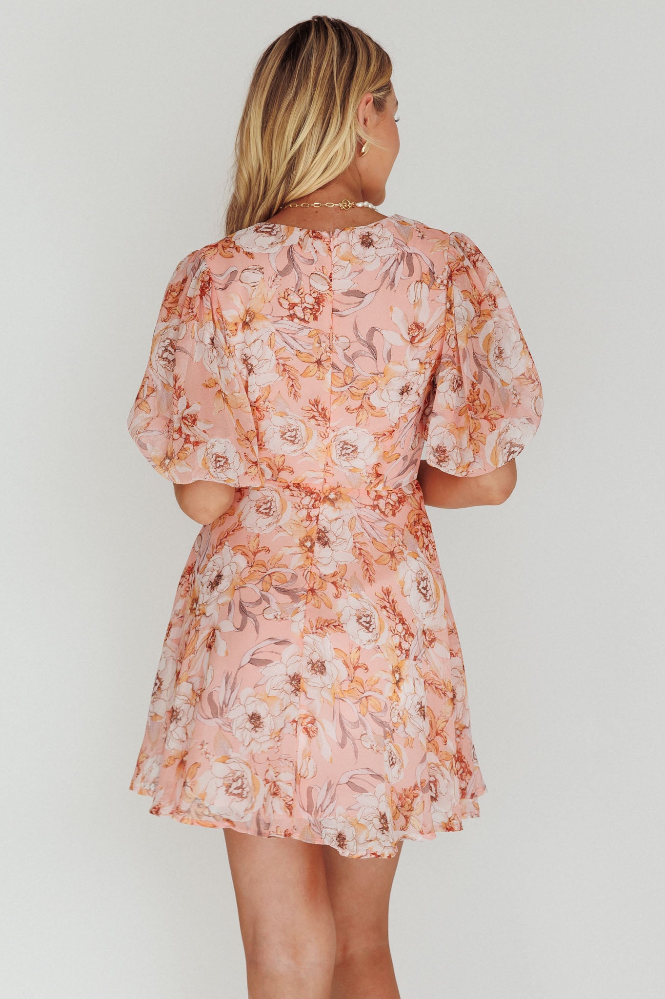 Madison Bow Tie Bust Puff Sleeve Dress Flowers Orange-Maymioy
