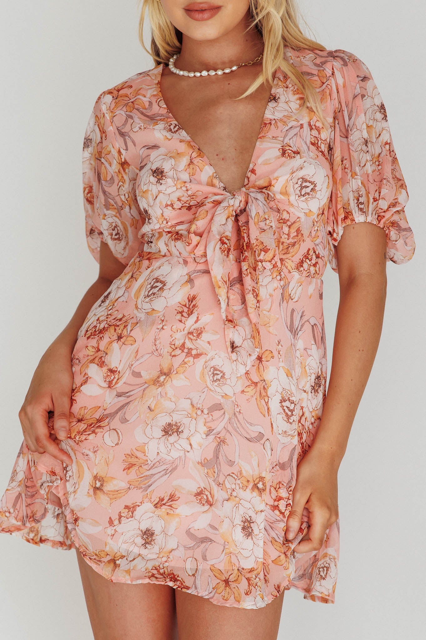 Madison Bow Tie Bust Puff Sleeve Dress Flowers Orange-Maymioy