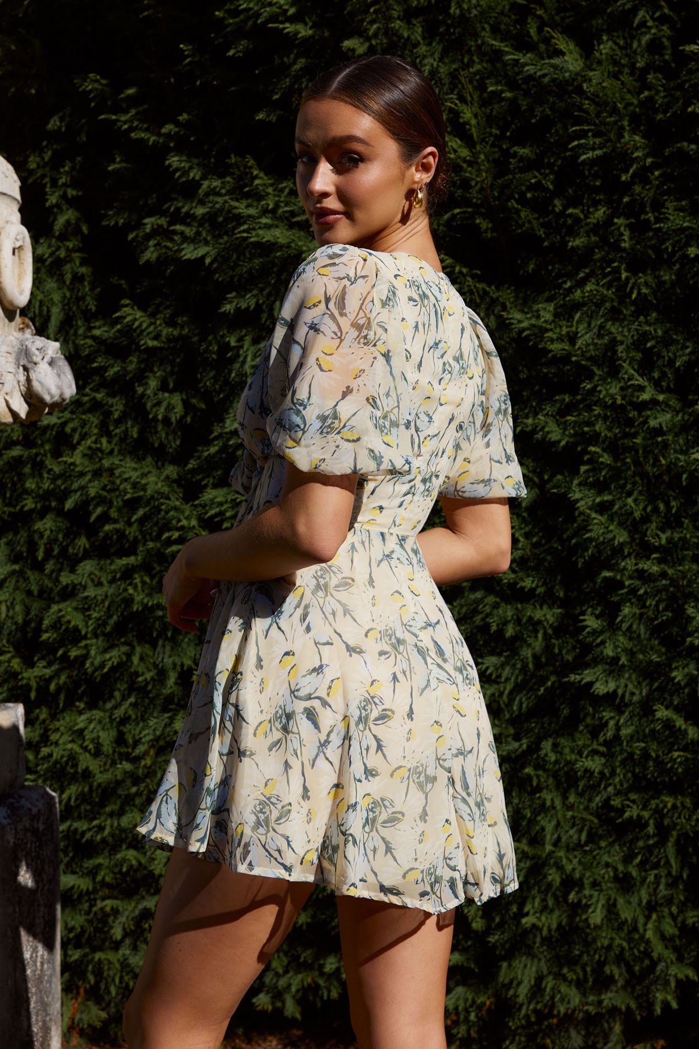 Madison Bow Tie Bust Puff Sleeve Dress Floral Green-Maymioy