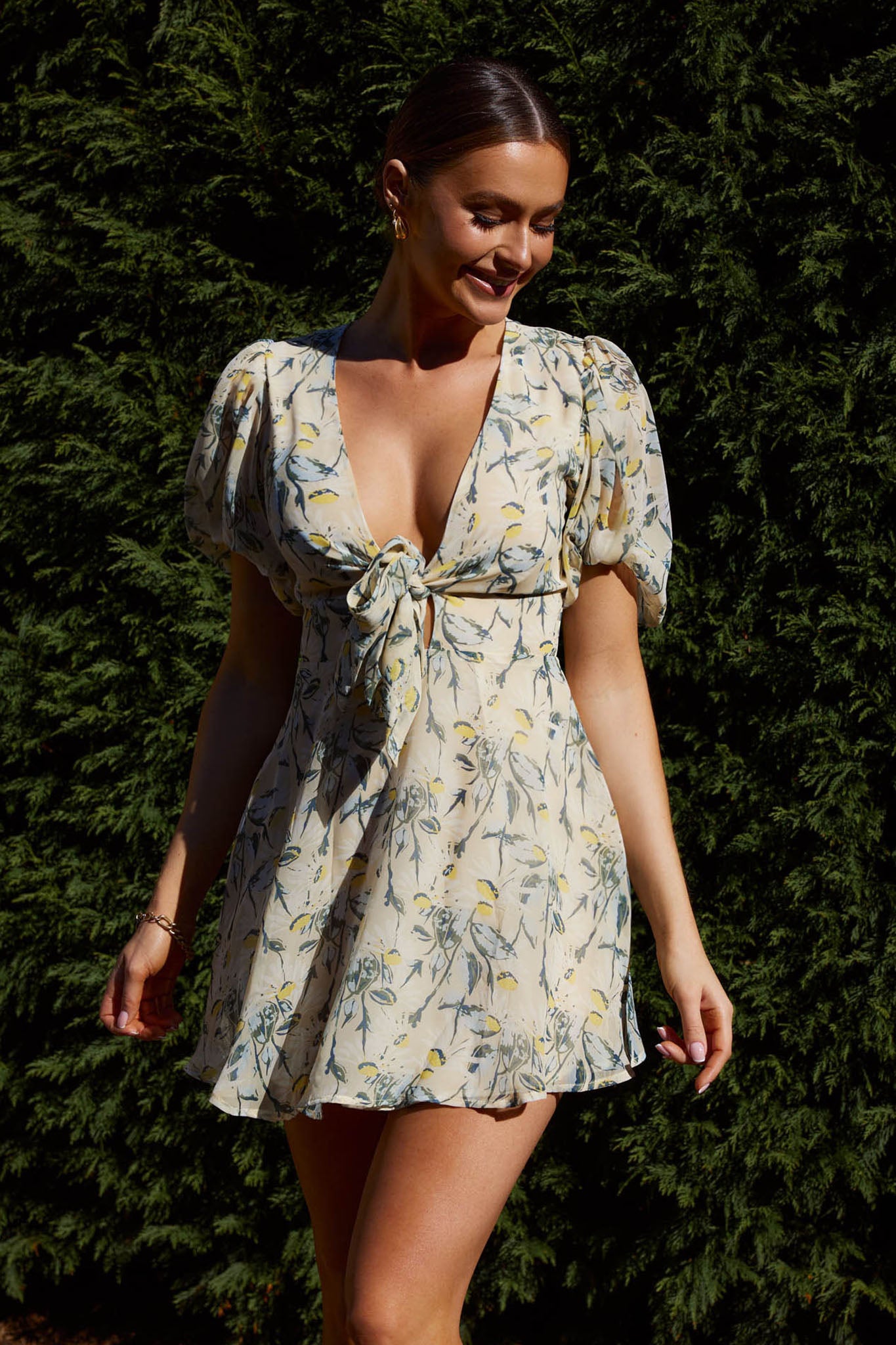 Madison Bow Tie Bust Puff Sleeve Dress Floral Green-Maymioy